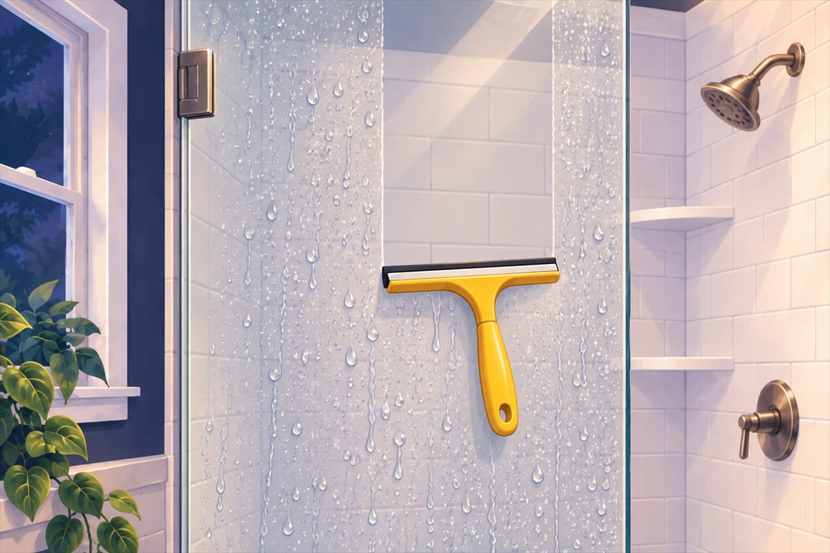 A squeegee pulled down a glass shower door, leaving a clear streak-free line.