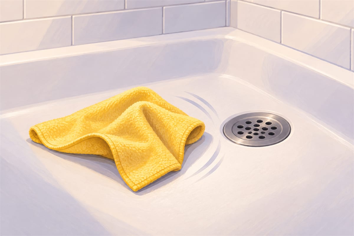 A cloth wiping the floor of the tub near the drain cover.