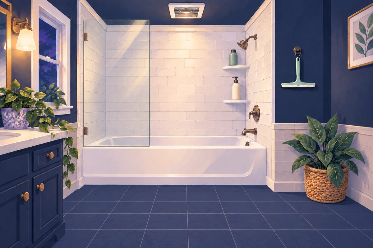 A clean shower with a squeegee hanging on a hook, glass walls clear and streak-free.
