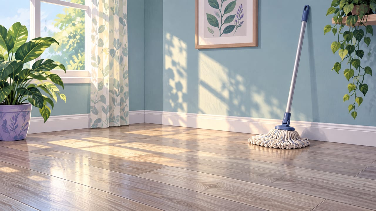 Clean wood-look plank floor with a mop leaning against the wall.
