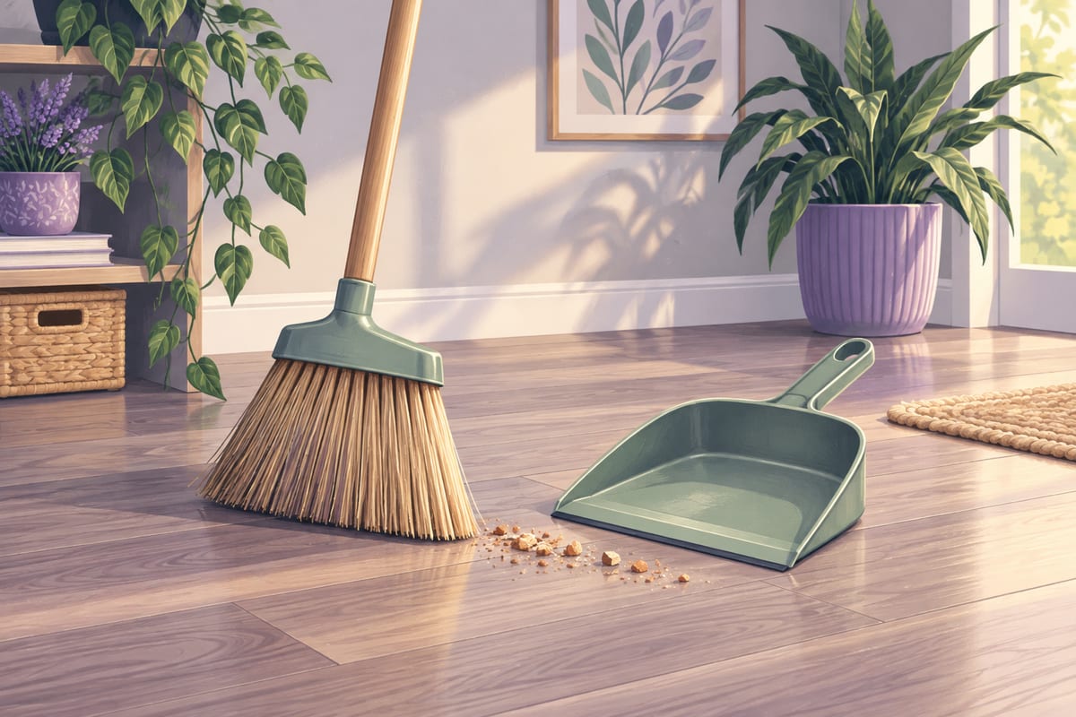 Broom and dustpan beside crumbs on a wood-look plank floor.