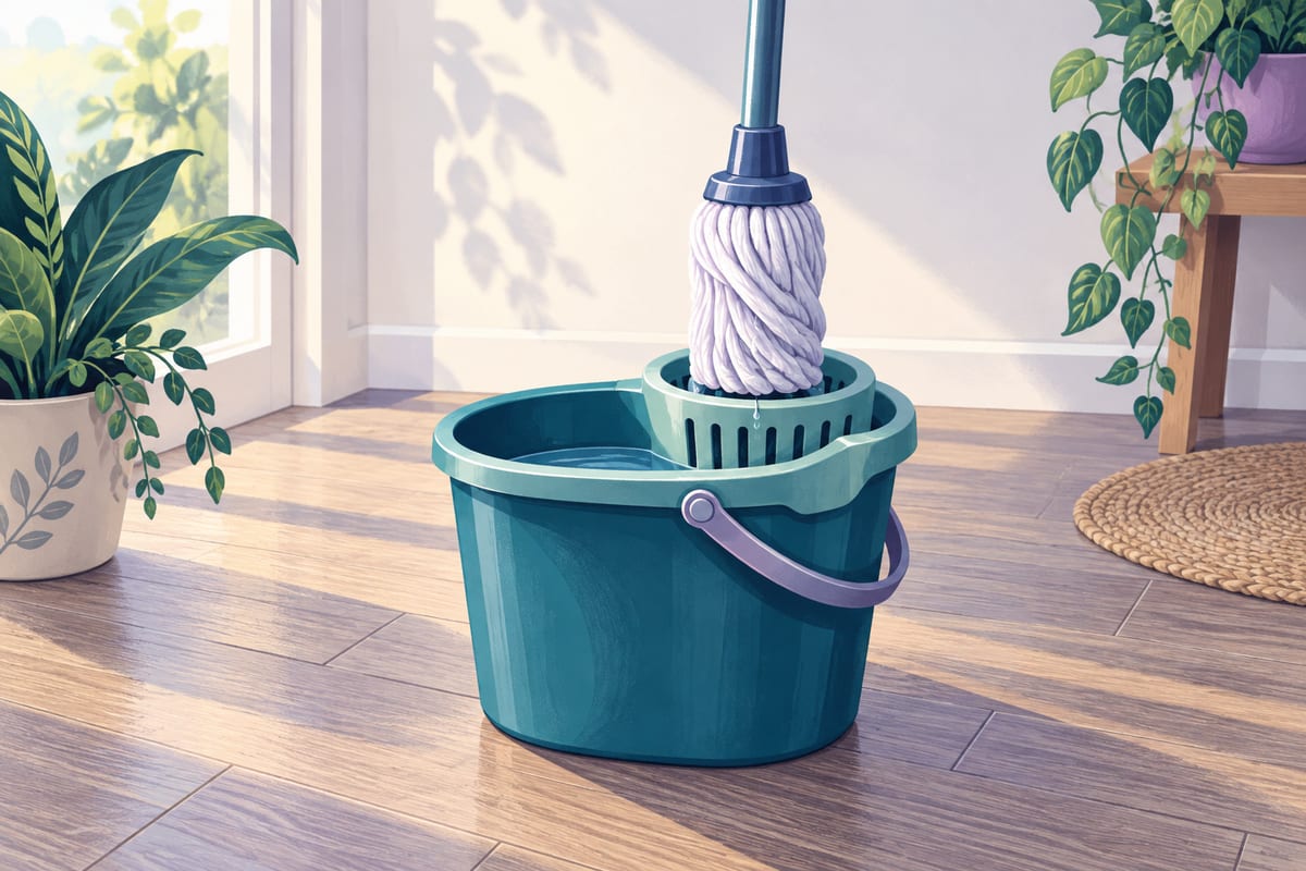 Mop head in the wringer above a bucket.