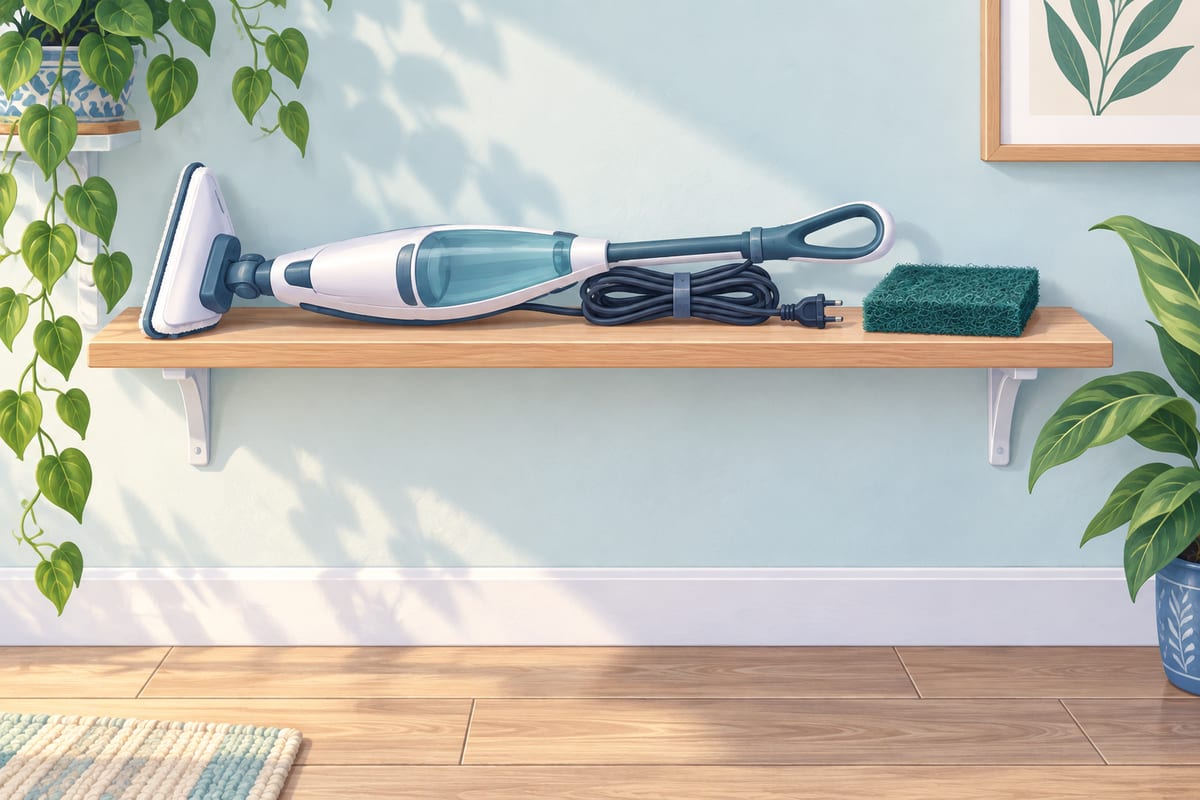 Steam mop and rough scrubbing pad resting on a shelf.