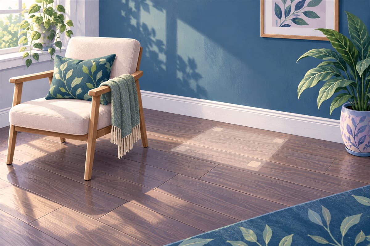 Cream armchair beside a clean plank floor and white baseboard.