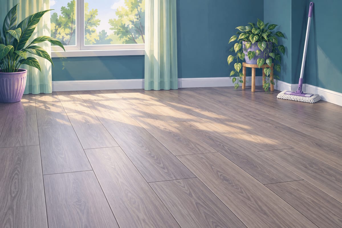 Clean wood-look plank floor with a mop against the wall.