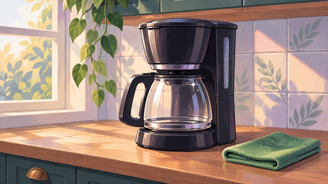 A clean drip coffee maker on a kitchen counter in morning light.