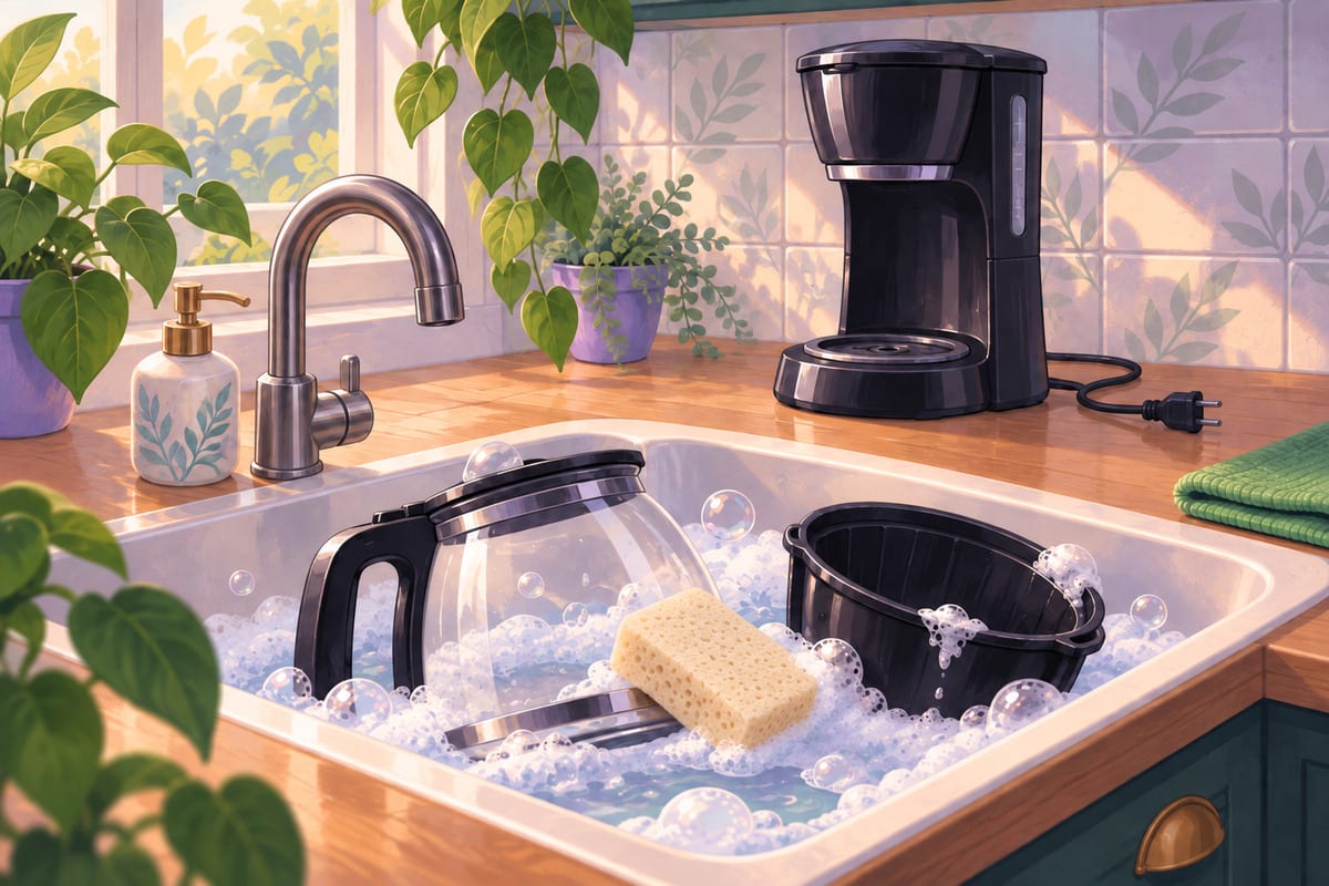 A coffee carafe and filter basket being washed in a sink of soapy water.