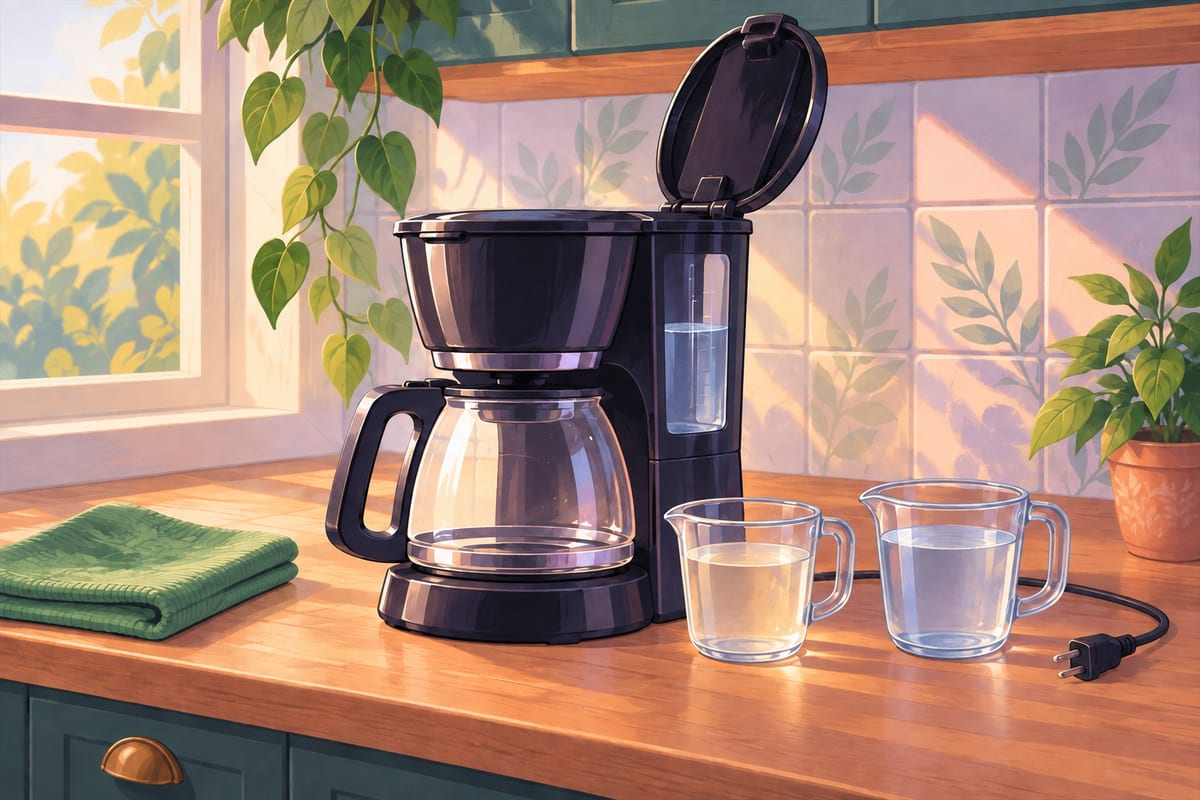 A coffee maker's open water tank with a cup of vinegar and a cup of water beside it.