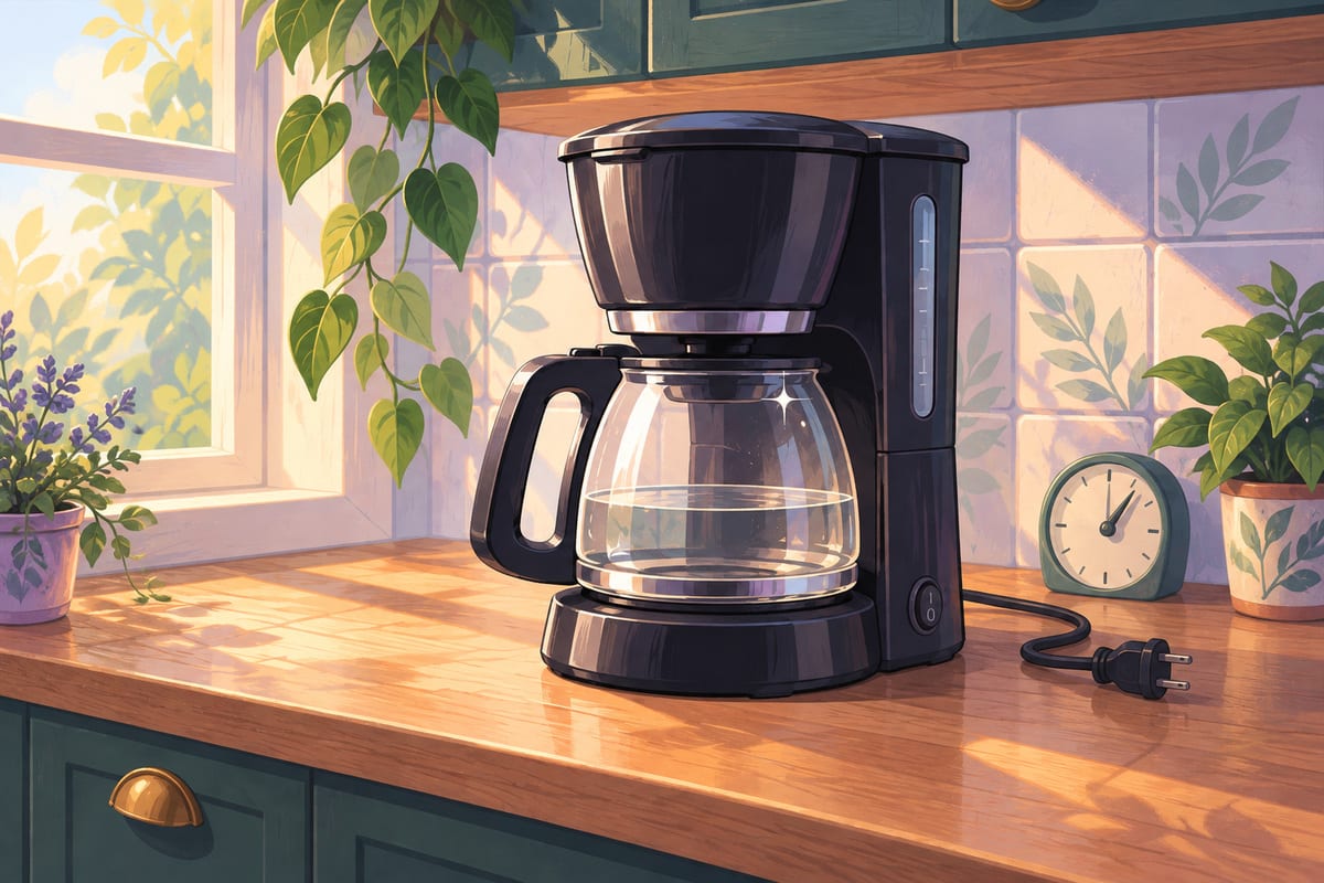 A coffee maker paused with its carafe half full, a timer nearby.
