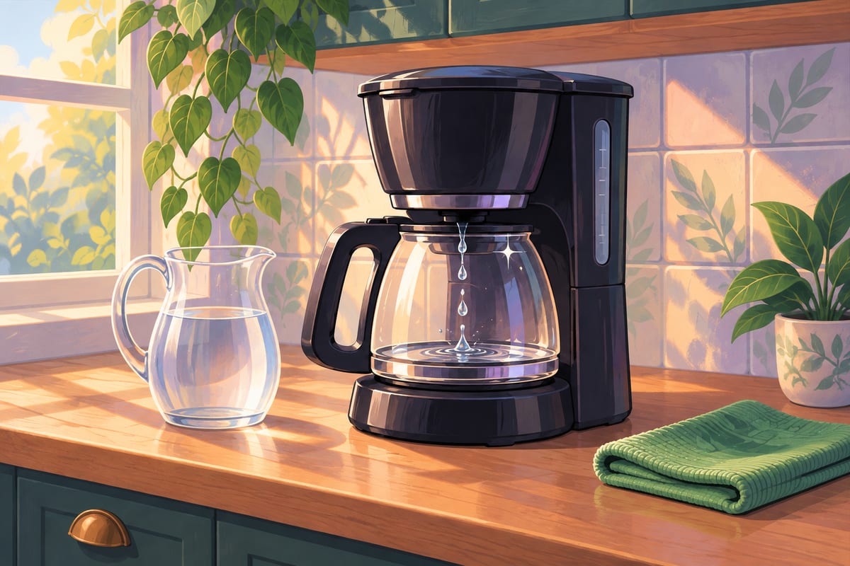 Clear water dripping into a coffee carafe during a rinse cycle.