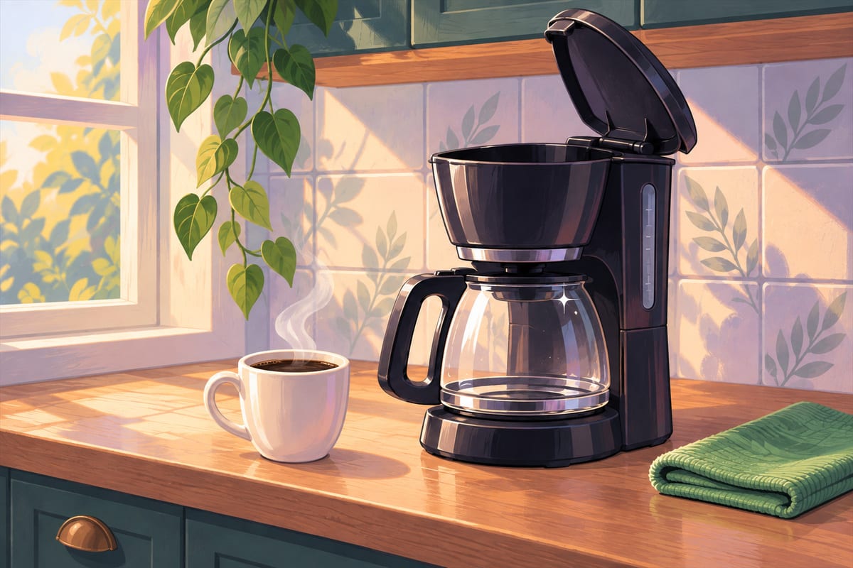 A cup of coffee beside a clean coffee maker with its lid open to dry.
