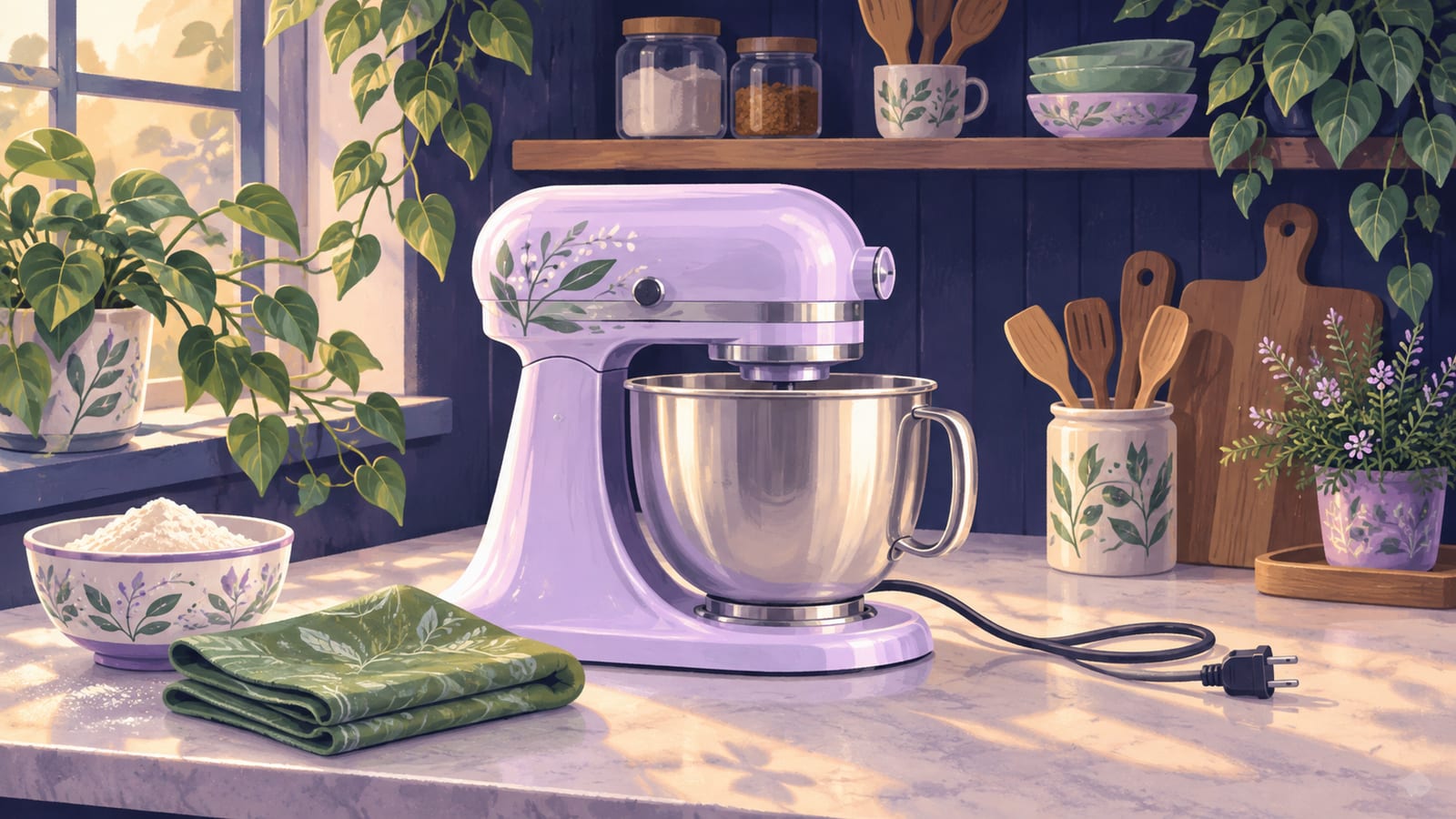 A clean stand mixer on a calm kitchen counter.