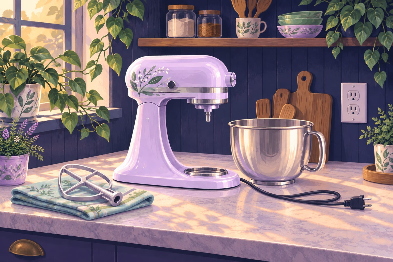 An unplugged stand mixer with its bowl and beater set beside it.