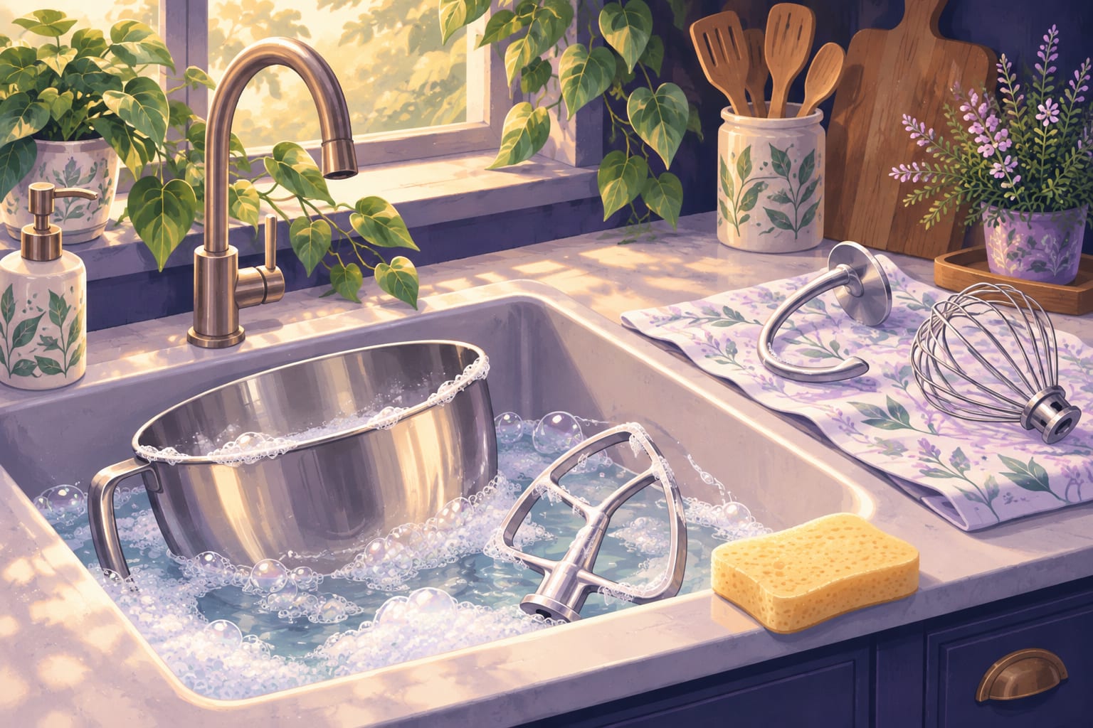 A mixer bowl and beater in a sink of soapy water.