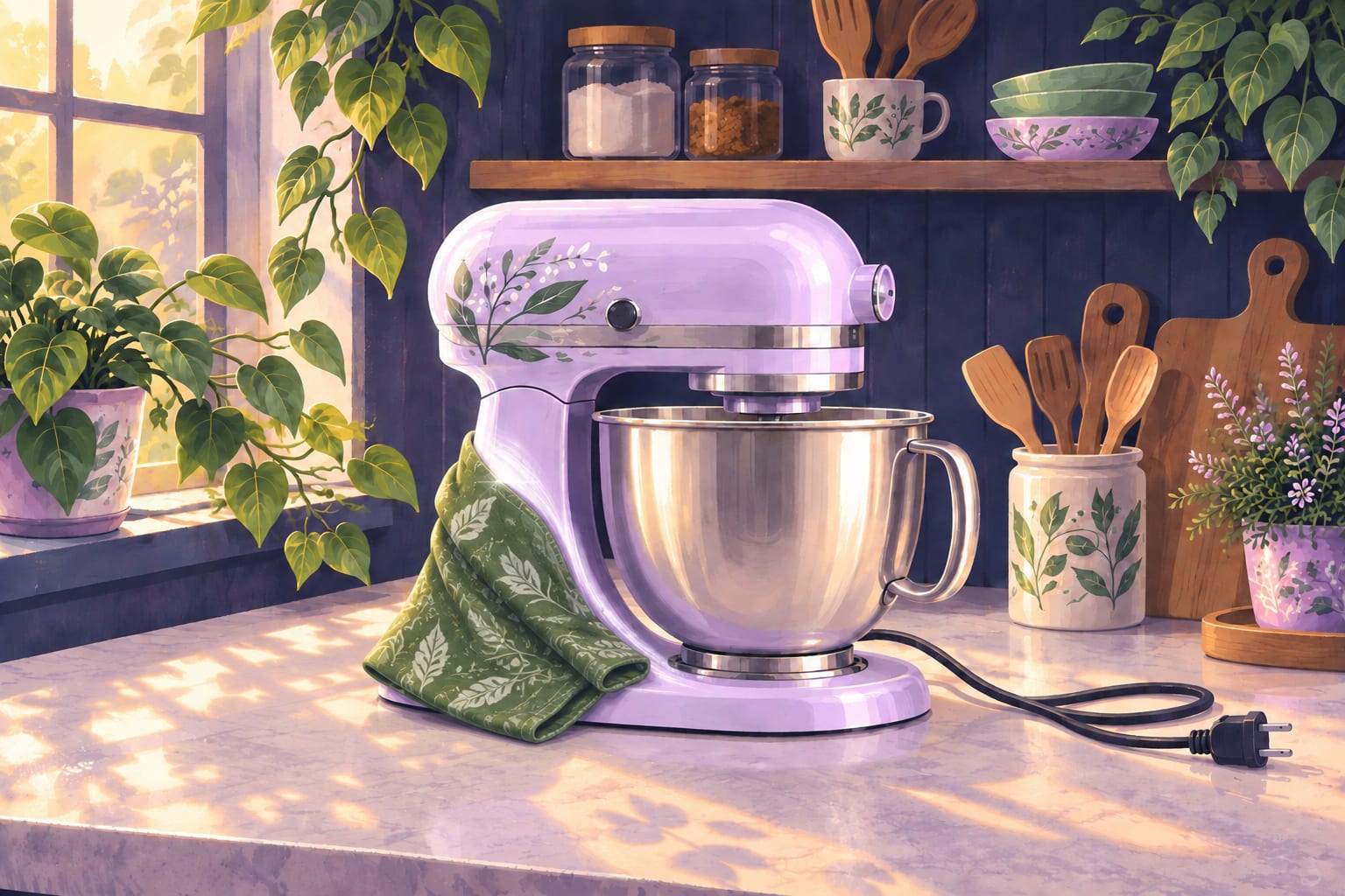 A freshly wiped stand mixer with a damp green cloth beside it.
