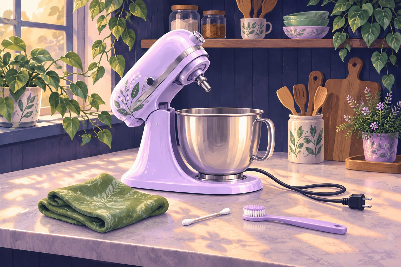 A stand mixer with its head tilted back, a green cloth, swab and toothbrush beside it.