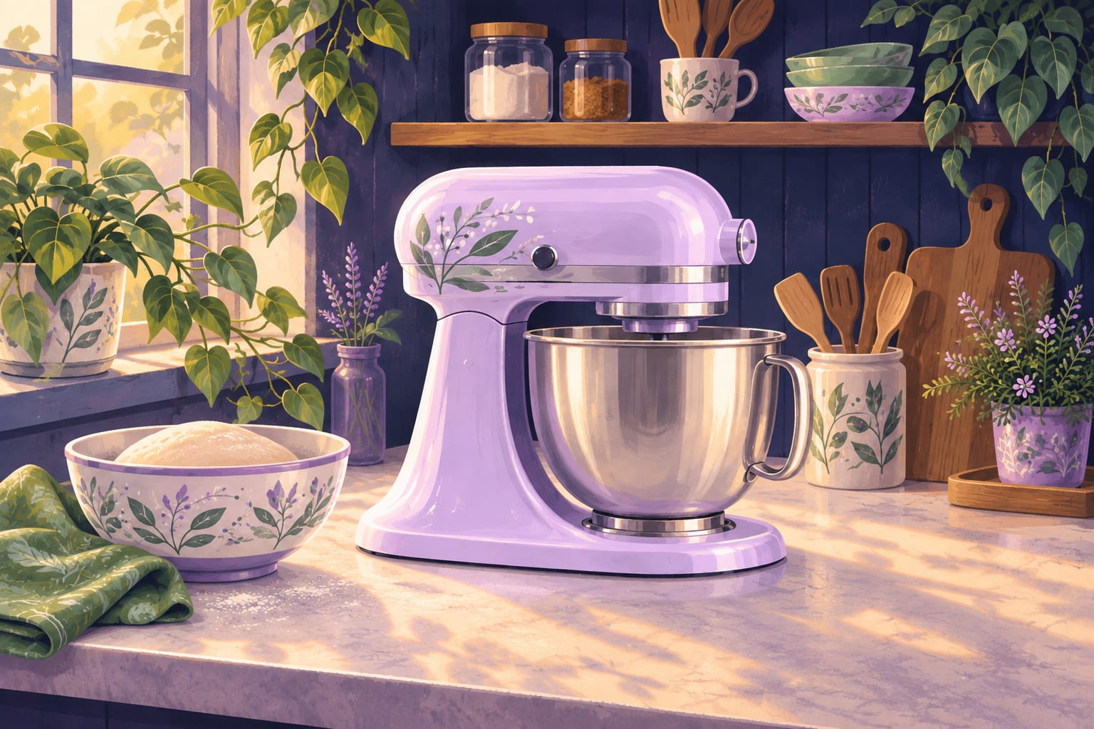 A clean stand mixer next to a bowl of fresh dough.