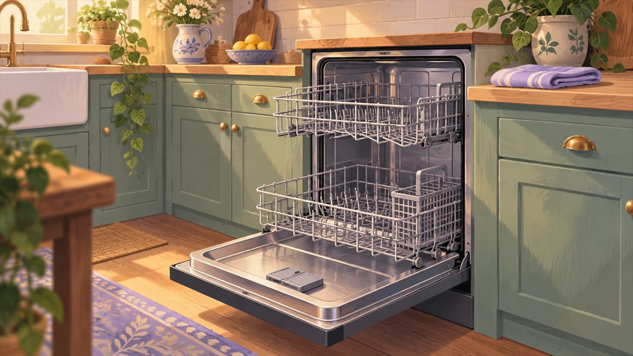 An open, empty dishwasher in a calm kitchen.