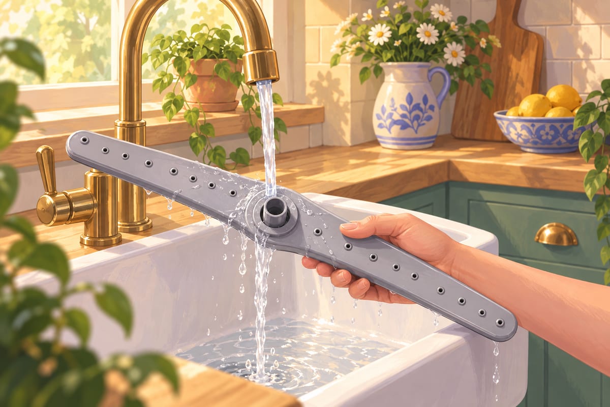 A dishwasher spray arm being rinsed under running water.