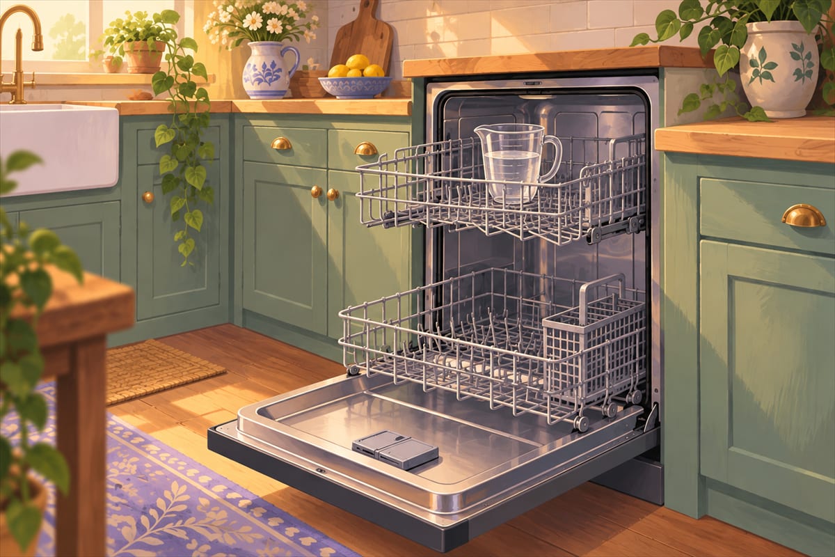 A cup of white vinegar standing on the top rack of an empty dishwasher.