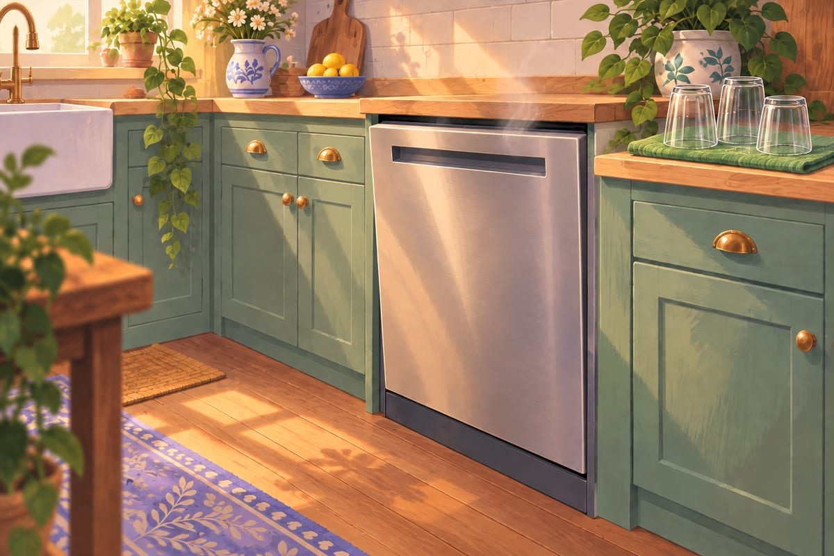 A clean dishwasher with a little steam rising at the top of the door, and clean glasses drying on the counter.