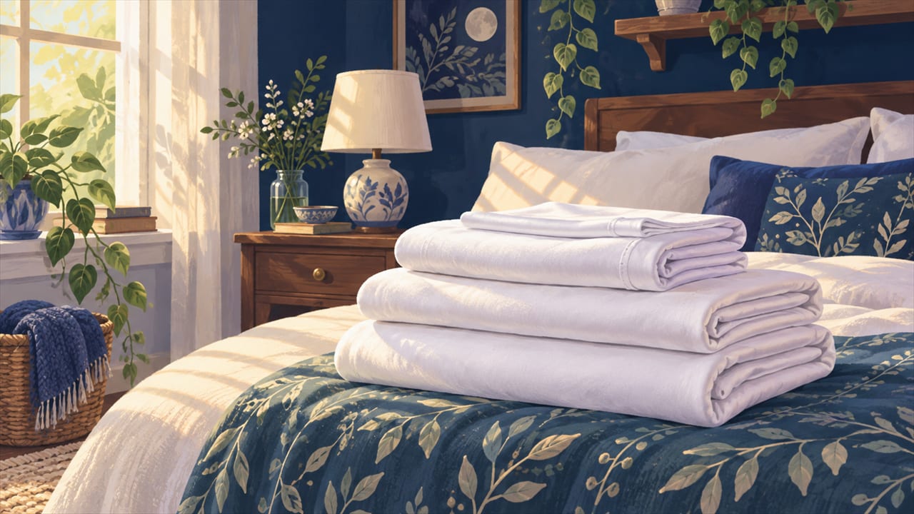 Clean white sheets folded in a neat stack on a bed.