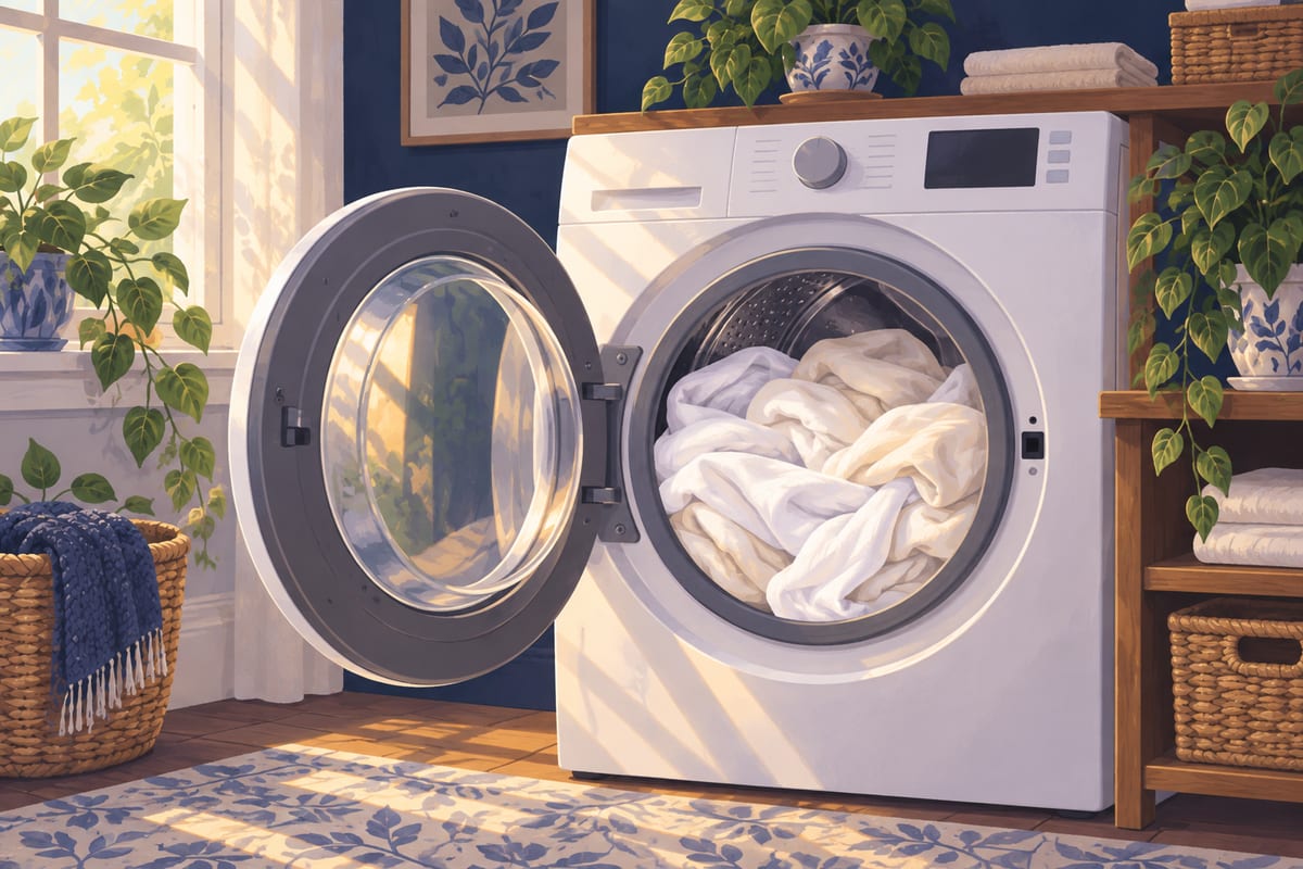 A washing machine drum loosely filled with light-colored sheets, about three-quarters full.