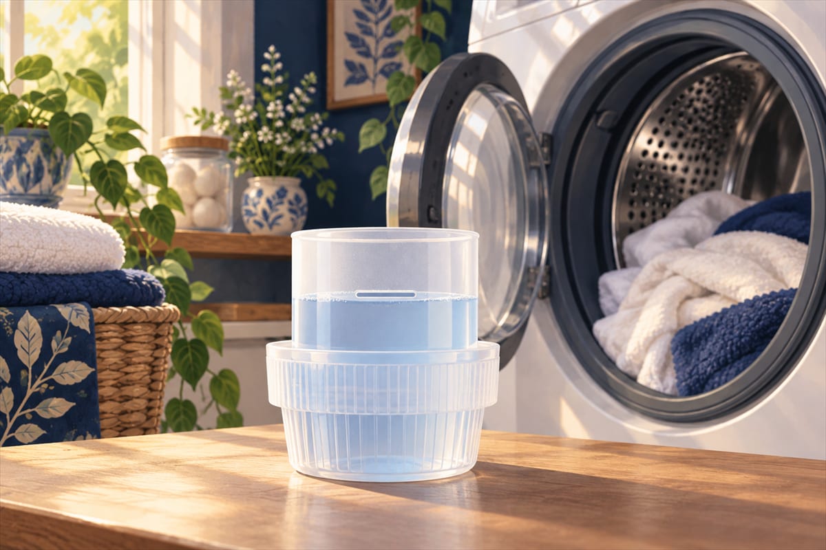 A detergent cap filled to its measuring line, beside an open washer.