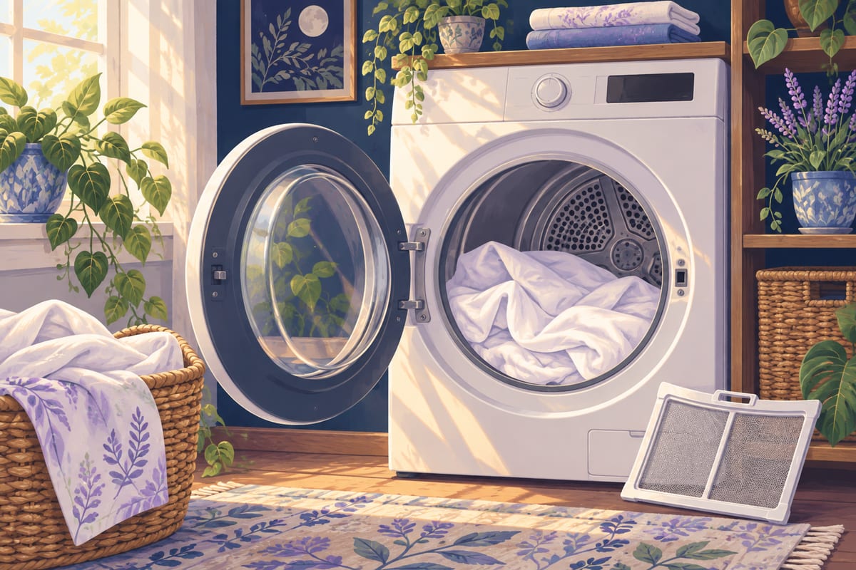 An open dryer with loosened sheets inside, and a clean lint filter resting beside it.