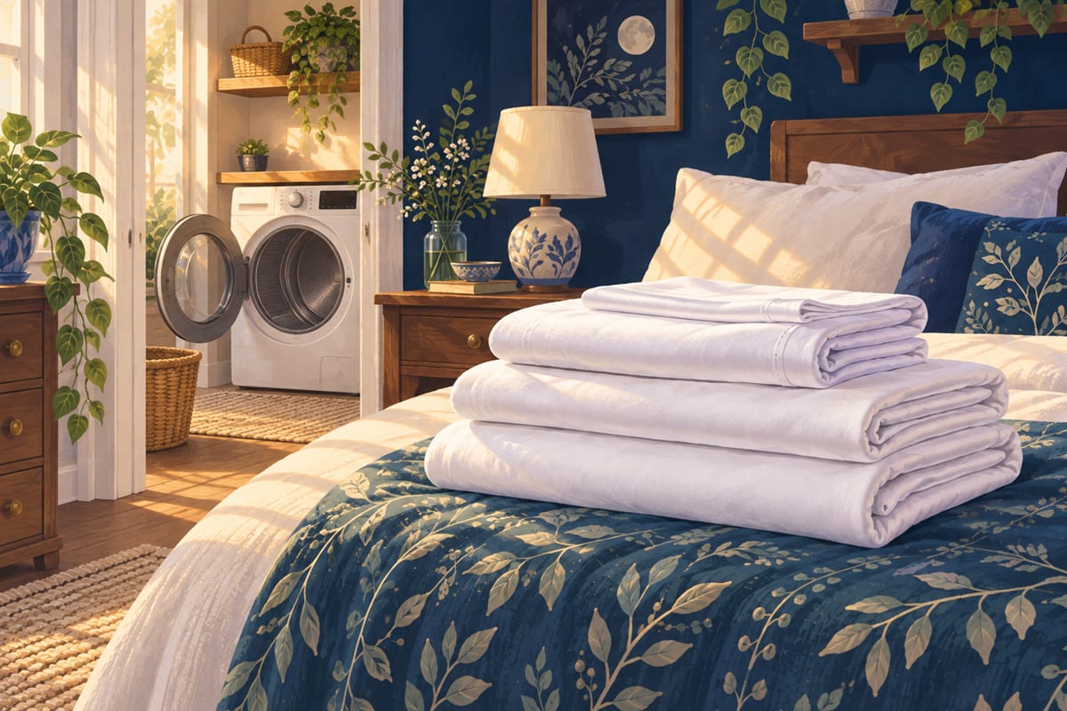 Warm, freshly dried sheets folded on a bed, with an open dryer in the background.