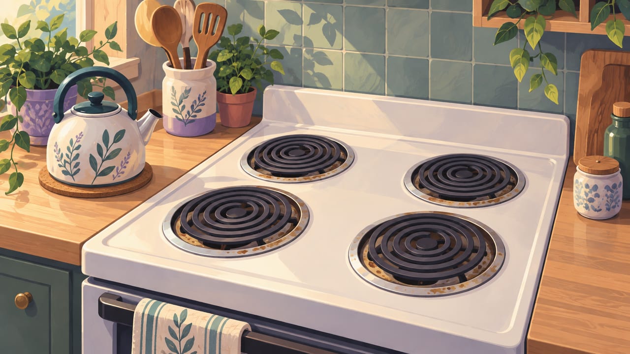 An electric coil stove with dark, burnt rings in the drip pans under the coils.