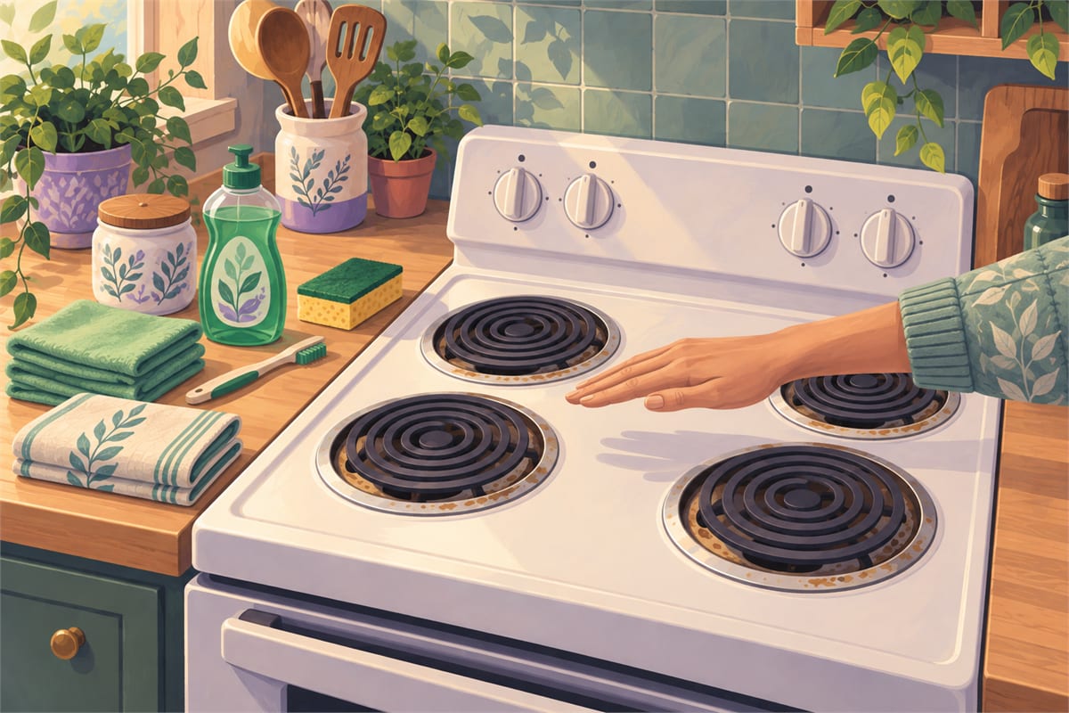 A cool stove coil with cleaning supplies on the counter.