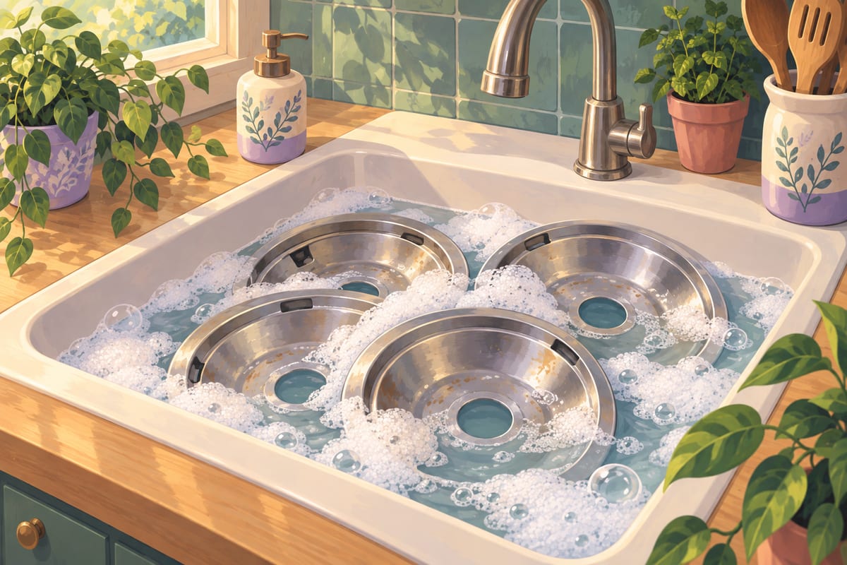 Stove drip pans soaking in a sink of soapy water.