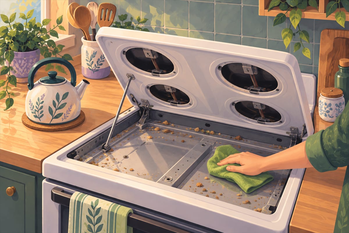 A coil stove with its top raised on a rod and a cloth wiping underneath.