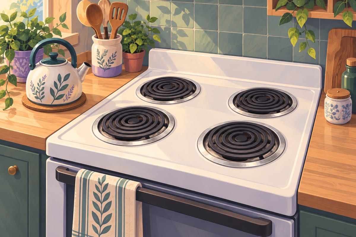 A clean electric coil stove with shiny drip pans and a kettle beside it.