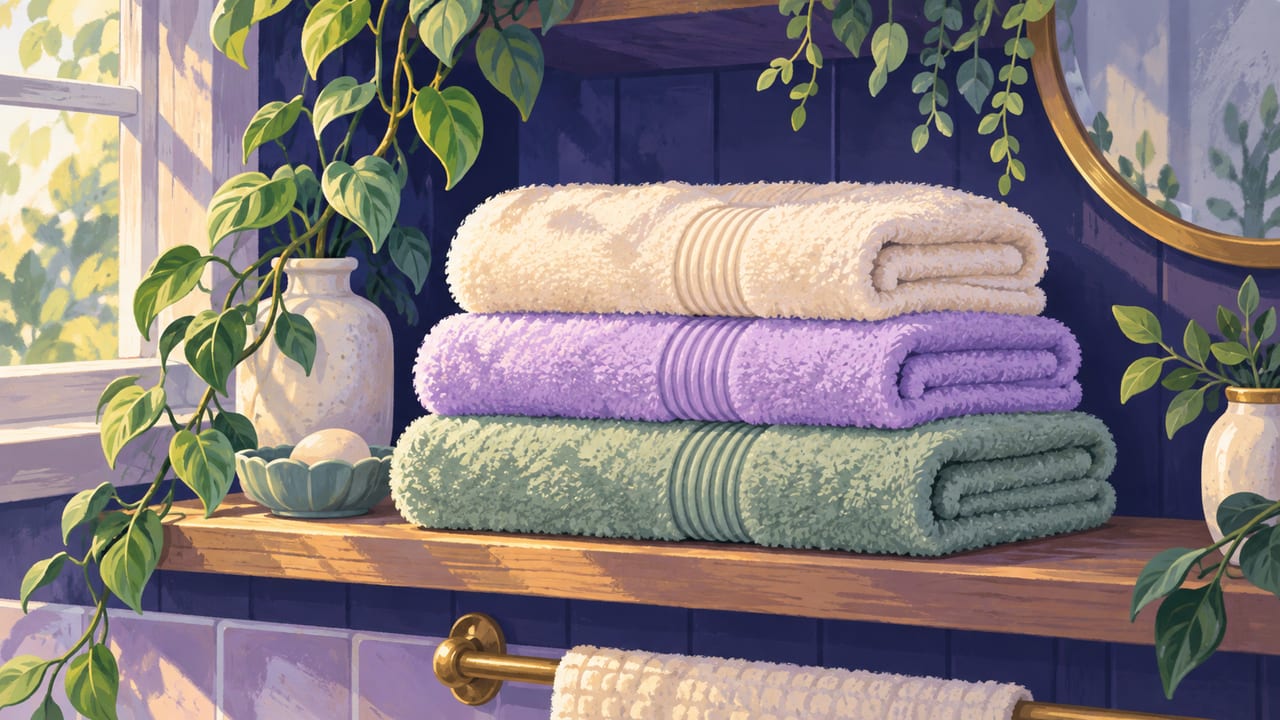 A stack of clean, fluffy towels on a bathroom shelf, soft natural light.