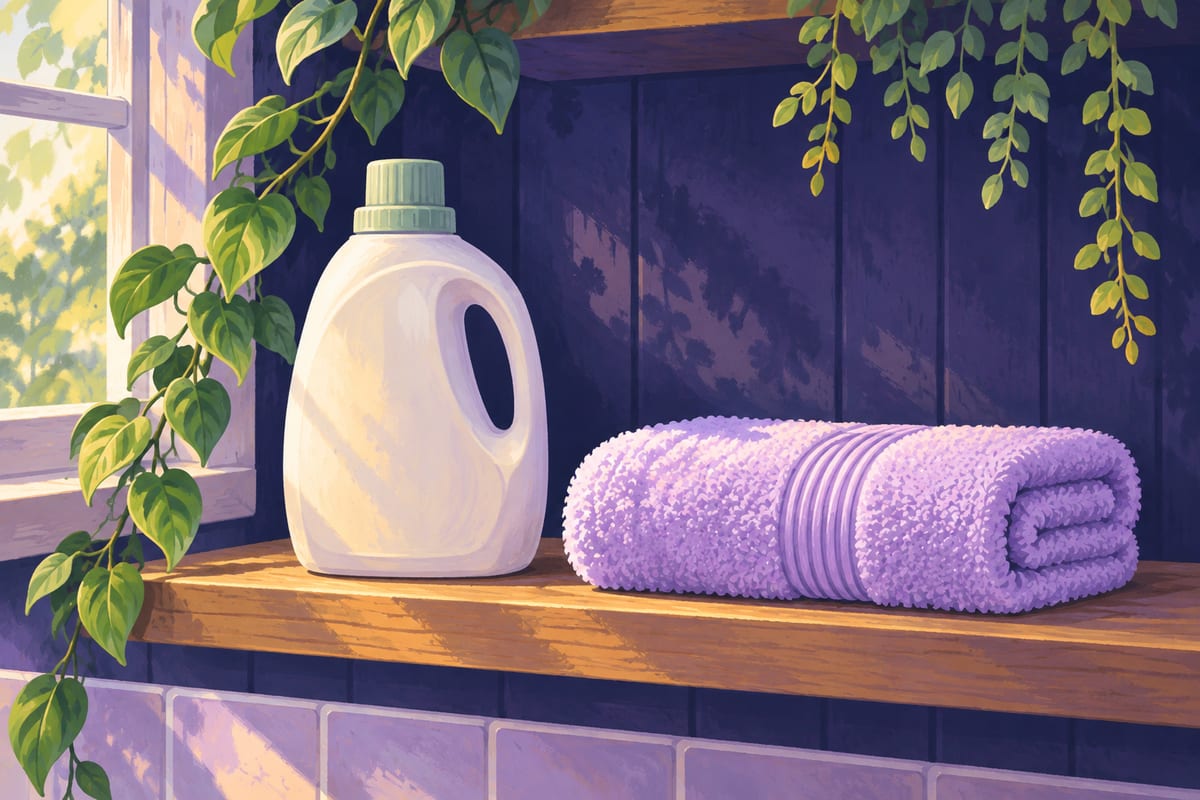 A bottle of regular laundry detergent next to a folded towel, no fabric softener bottle in sight.