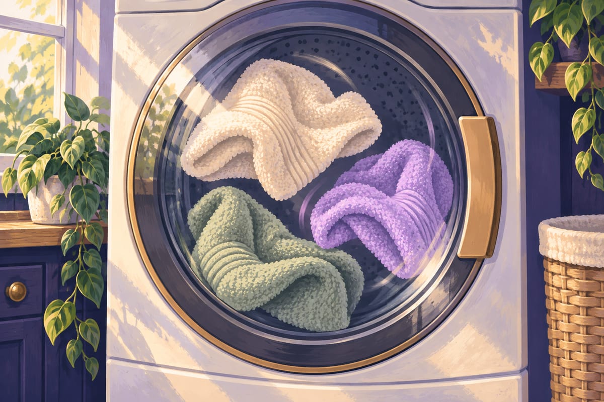 Towels tumbling in a clothes dryer, fully fluffed.