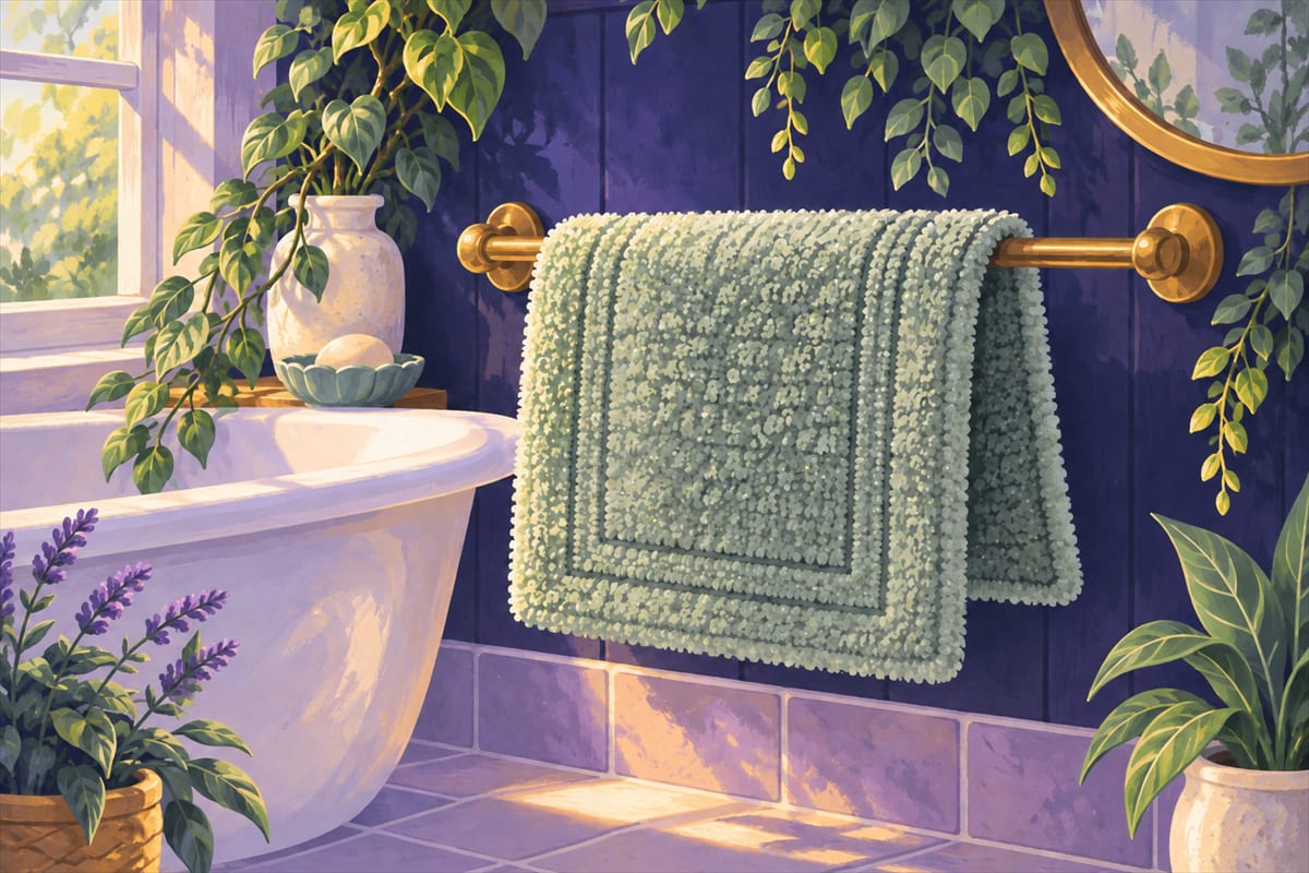 A bath mat hung over a towel bar or the edge of the tub to dry.