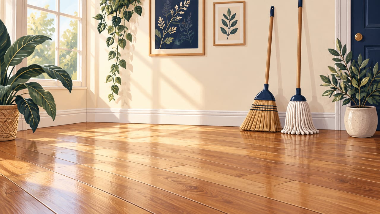 Clean wood floor with a broom and mop leaning against the wall.