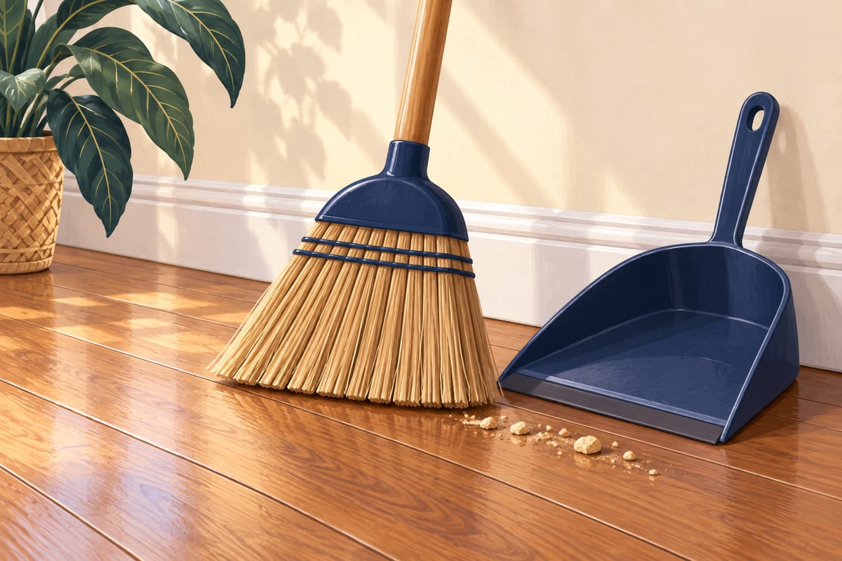 Broom and dustpan beside crumbs on a wood floor.