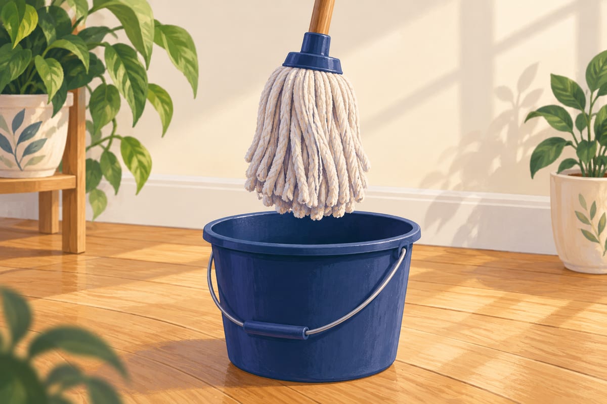 Mop head held above a bucket on a wood floor.