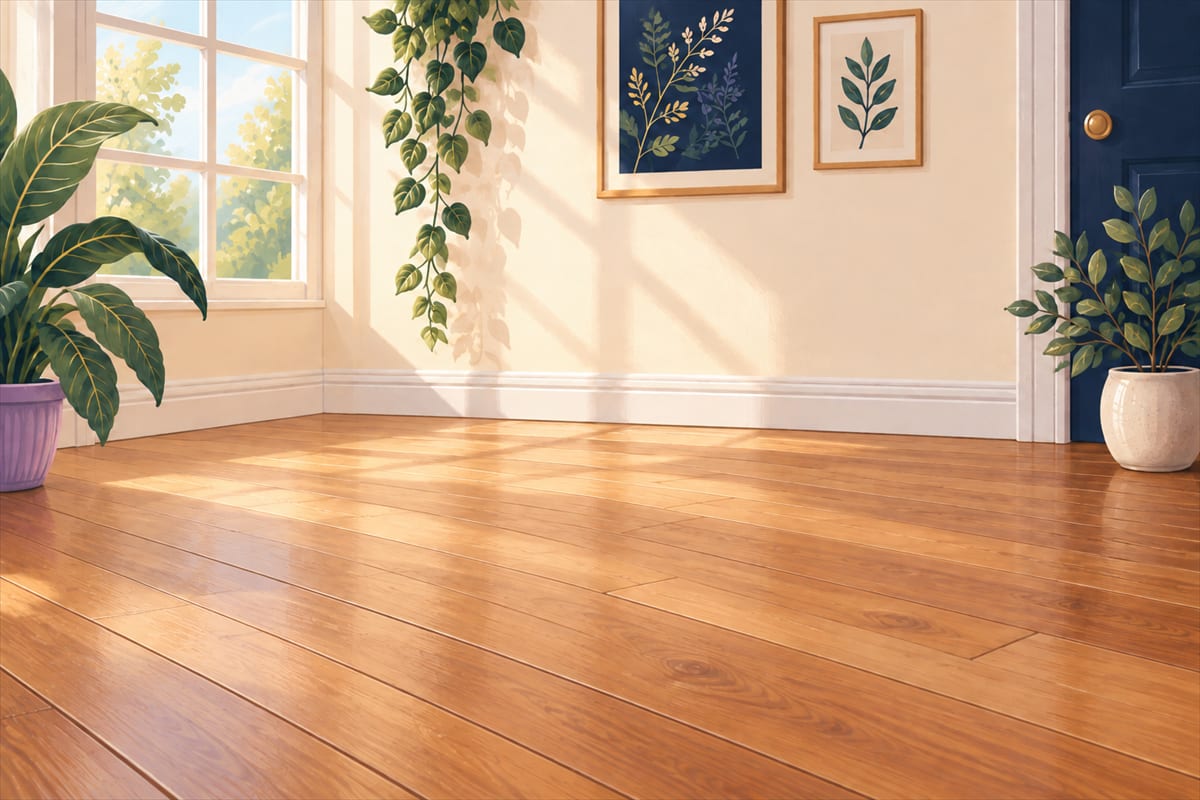Sunlight across a clean wood floor with no visible puddles.