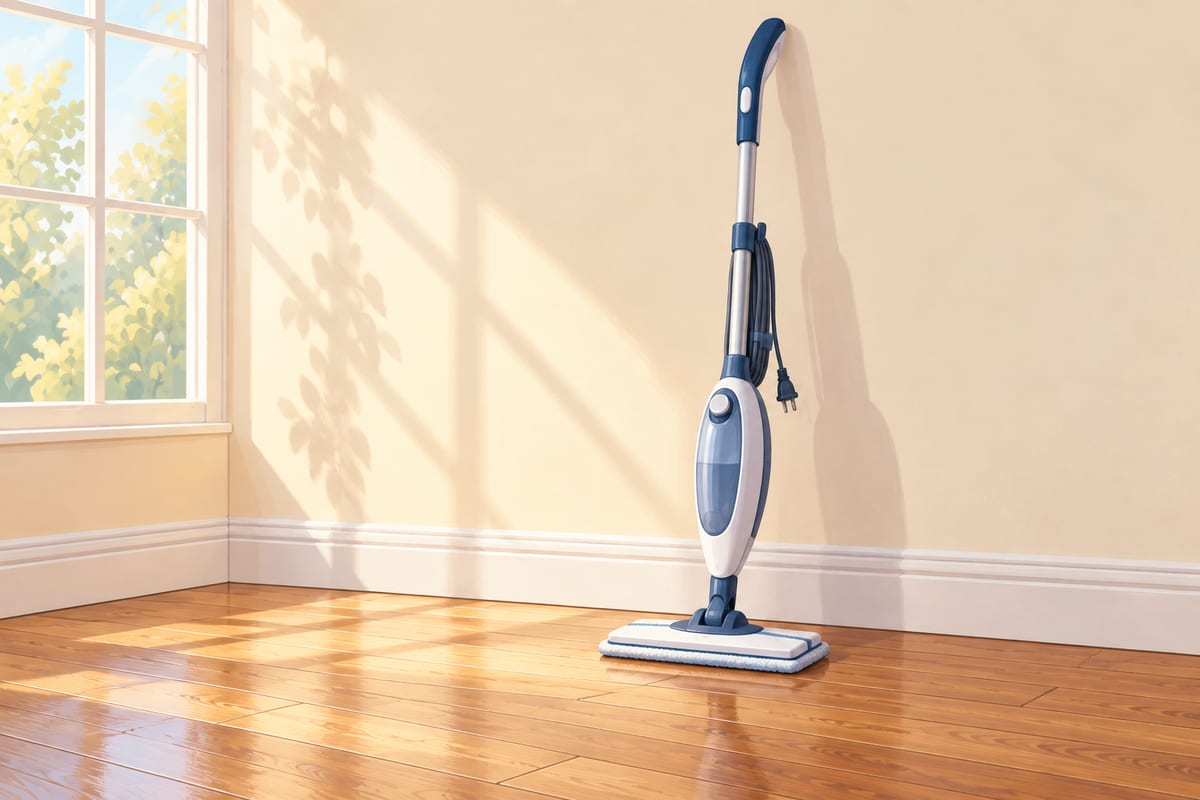 Steam mop standing against a wall on a wood floor.