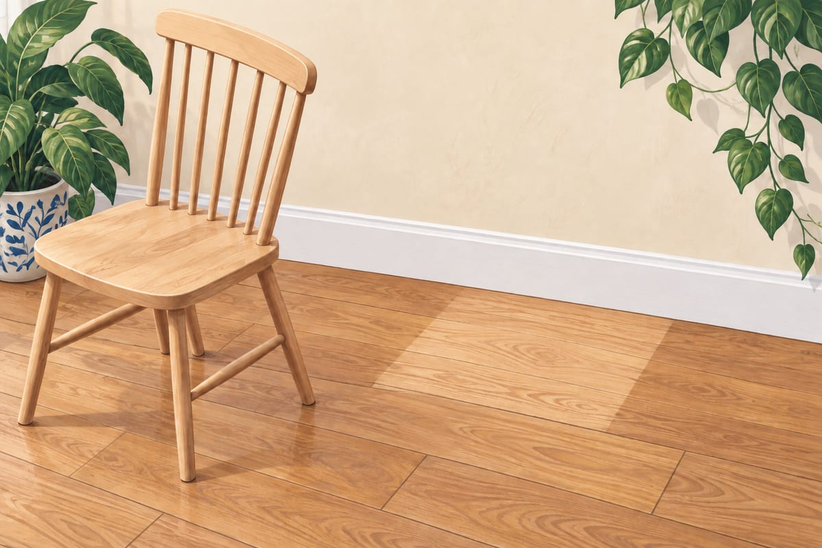 Wood chair beside a clean wood floor and white baseboard.