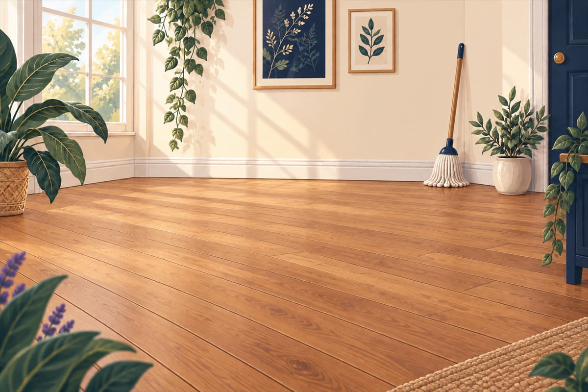 Clean wood floor with a mop against the wall.